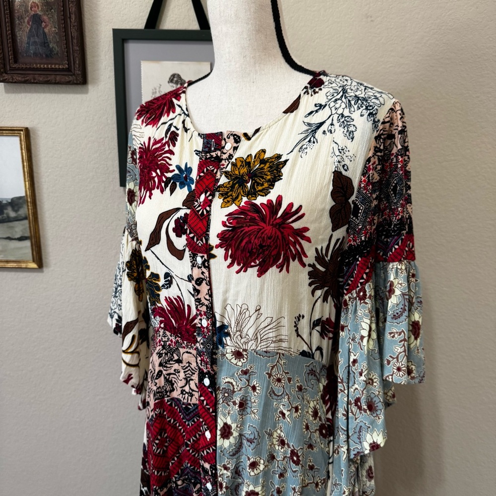 UMGEE | Floral Patchwork Button Front Handkerchief Midi Dress Boho Size Small - Picture 12 of 16